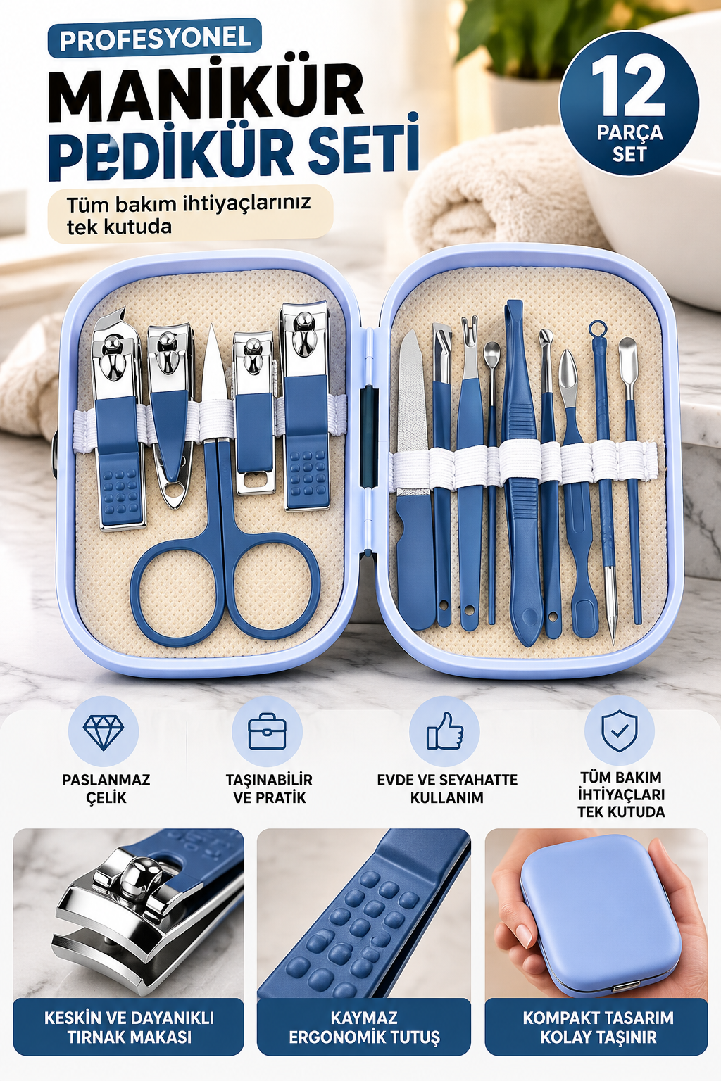 Çantalı Manikür Pedikür Seti 14 Parça El Ayak Tırnak Bakımı Tırnak Makası Profesyonel Full Set