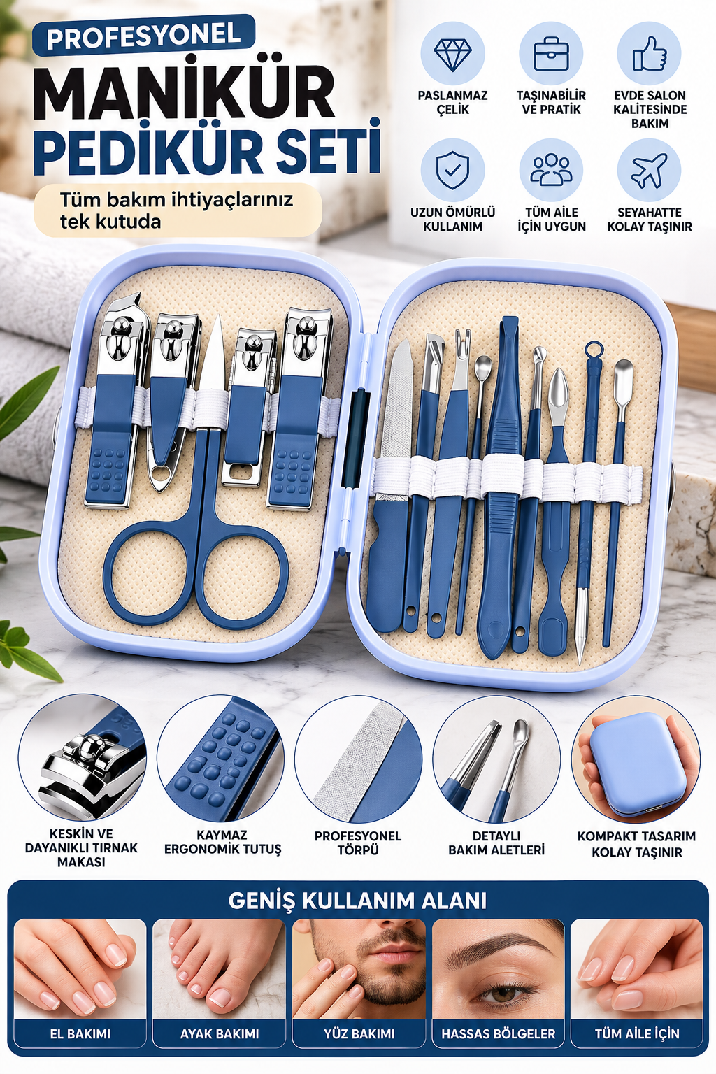Çantalı Manikür Pedikür Seti 14 Parça El Ayak Tırnak Bakımı Tırnak Makası Profesyonel Full Set
